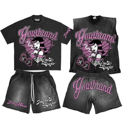 kupować Niestandardowe logo Acid Wash Bluzy dresowe Czarny krótki top i zestaw podkoszulek bez rękawów online manufacture