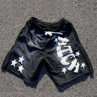 kupować Mężczyźni Sun Fading Acid Wash Streetwear Shorts z Raw Hem i Rhinestone Puff Print online manufacture