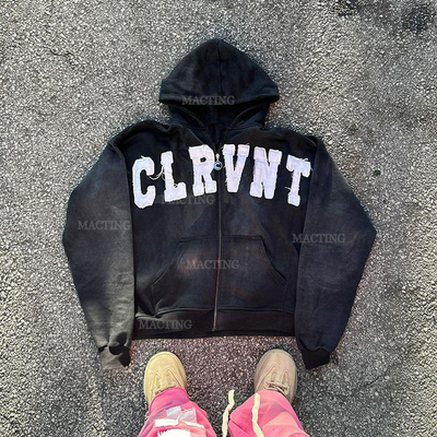 kupować Custom Logo Streetwear 400gm Stone Wash Zip Up Hoodie w szarym kolorze z plasterem distressed online manufacture