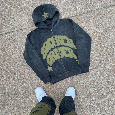 kupować Niestandardowy nadmiarowy Sun Fading Distressed Zip Up Embroidered Patch Hoodie Set online manufacture