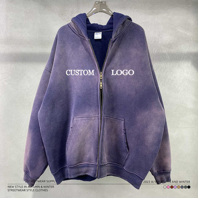 kupować Vintage Acid Wash Sun Fading Distressed Zip Up Blank Hoodie dla Custom Logo Streetwear online manufacture