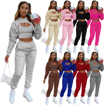 kupować Drukowane różowe damskie stroje sportowe 3 części zestaw Crop Top Hoodie i joggers skrócone bluzki online manufacture