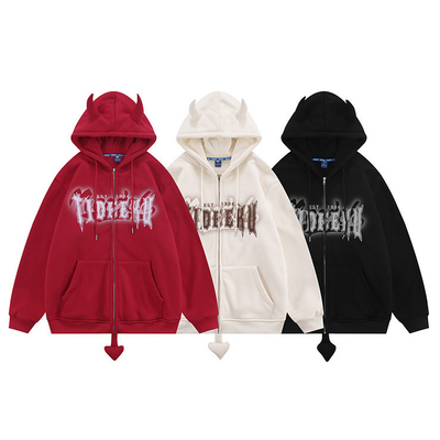 kupować 8 oz 12 uncji zapięta bluzka z kapeluszem Diabelskie rogi wydrukowane wełno Blank Unisex pary mężczyzn Oversized pełny zapięty sweter online manufacture