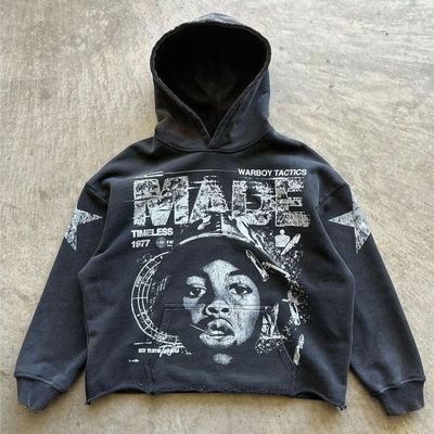 kupować bezpośrednio do odzieży drukowane bluzki z kapeluszem mężczyźni z kapeluszem francuski Terry Flocking Embroidery Acid Wash online manufacture