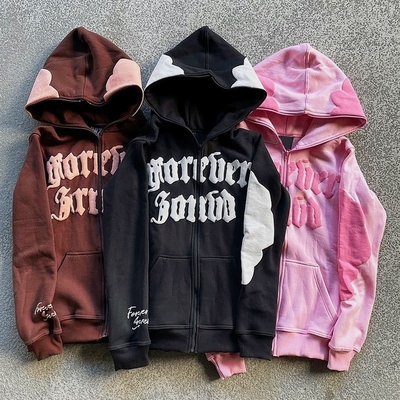 kupować Mężczyźni Hoodie Full Face Zip Up Hoodie puff print brązowy Ciężkowa waga francuska Terry tkanina online manufacture