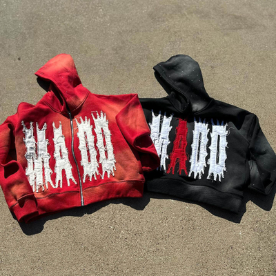 kupować Blank Custom Couple Embroidery Hoodie Sun Fading Patchwork Distressed Streetwear Hoodie online manufacture
