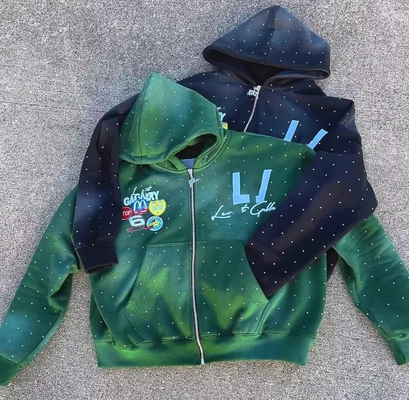 kupować Vintage Sun Fading Acid Wash Patch Embroidery Rhinestone Boxy Fit Cutoff Zip Up Hoodie dla mężczyzn Regularne rękawy online manufacture