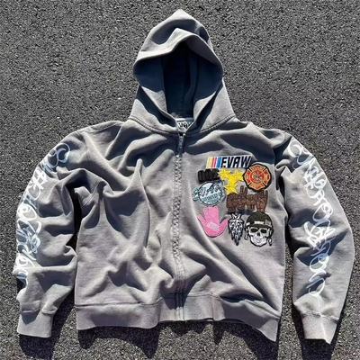 kupować Jesień Custom Stone Acid Wash dla mężczyzn wycięte pudełkowe haftowane zip up bluzka haftowana trikota vintage online manufacture