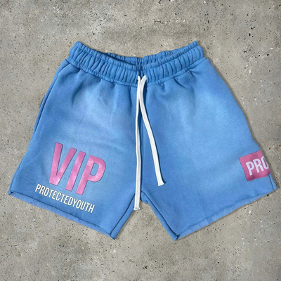 kupować Puff Print krótkie szorty pod pryszczem niebieski Cut Raw Hem Cotton Fleece Zipper Pockets Streetwear Sweat online manufacture