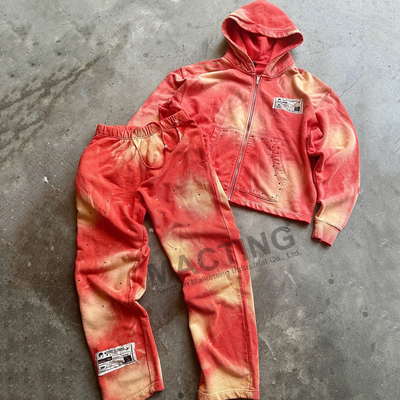 kupować Vintage Sun Fading Acid Wash Stretchsuits Custom Rhinestone Distressed Hoodie And Sweatpants Set online manufacture