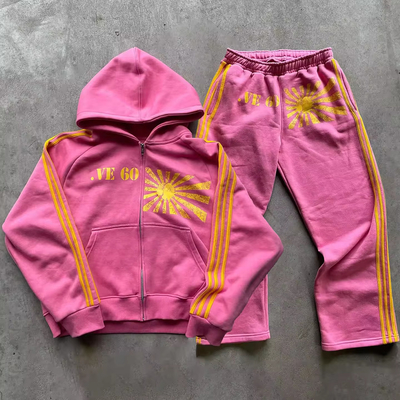 kupować Niestandardowe drukowanie ekranowe Logo paski sportowy zimowy mywany kwasem Zip Up Hoodie And Jogger Sweat Pants online manufacture