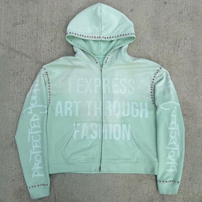 kupować Niestandardowy kamienie szlachetne Zip Up Heavy Weight Hoodie Vintage kwas umyty Baggy Boxy Fit obcięty Rhinestone Hoodie online manufacture