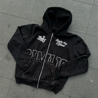 kupować Niestandardowy Rhinestone Zip Up Hoodie 450 gsm gruby ciężki ciężki druk ekranowy Logo Zipper Hoodies mężczyźni online manufacture