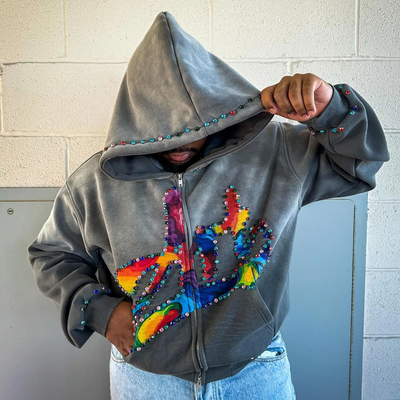 kupować Niestandardowy Rhinestone Zip Up Hoodie 450 gsm gruby ciężki ciężki druk ekranowy Logo Zipper Hoodies mężczyźni online manufacture