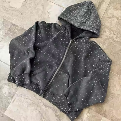 kupować Oem Ciężkowa Zipper Hoodie Niestandardowa 100% Bawełna Terry Hoody Sweatshirt Streetwear Rhinestone Zip Up Hoodie dla mężczyzn online manufacture