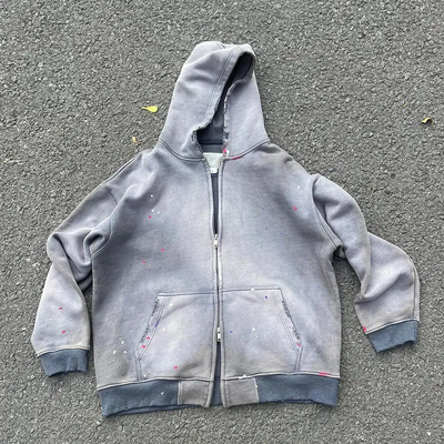 kupować Mężczyźni na zamówienie Ciężki nadmiarowy Crop Boxy Zip Up Stone Acid Wash Nędzny Hoodie Unisex Sun Fading Zipper Vintage Sweatshirt online manufacture