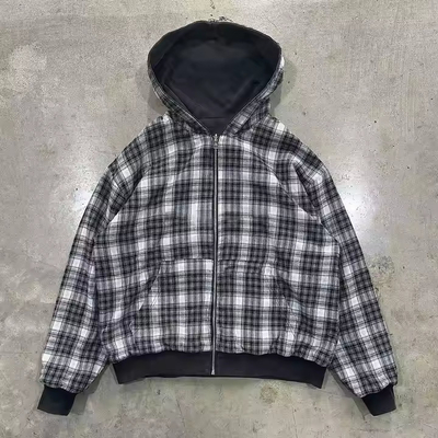 kupować Niestandardowa mycia kwasowa haftowana, paskowa, flanelowa, zamknięta kurtka z kapeluszem, kurtka podwójna, odwracalna, w 100% bawełna online manufacture