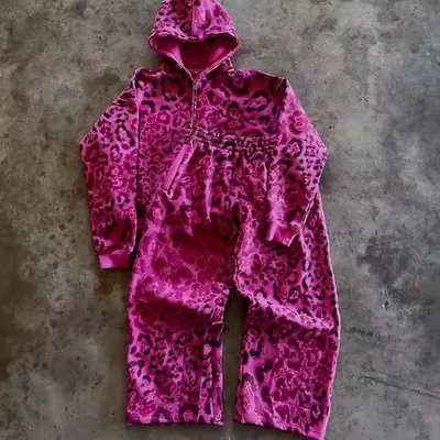 kupować Niestandardowe francuskie spódniczki Terry Leopard Print Zipper Sweatpants and Hoodie Set Baggy Jogger Set Streetwear Men 2 Piece Sets online manufacture