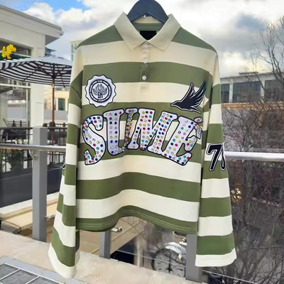 kupować Niestandardowe haftowanie Rugby Jersey Polo Kolor Blok Strass Długie rękawy Pudełkowy Pasek Przycięty Płytkowany Płytkowe Koszulki Polo dla mężczyzn online manufacture