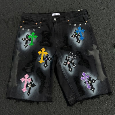 kupować Wysokiej jakości spodenki na zamówienie Streetwear Strass Short Jeans Distressed Embroidery Patchwork Denim Podenki Shorts dla mężczyzn online manufacture