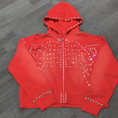 kupować Męska bluza z kapturem Streetwear z dżetami, niestandardowa, z efektem sprania i diamentami, luźna kurtka online manufacture