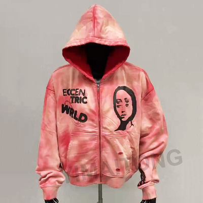 kupować Męska bluza z kapturem w stylu vintage, z efektem sprania kwasem, wyblakła od słońca, zniszczona, z dużym kapturem i zapięciem na zamek błyskawiczny, z francuskiej frotte, streetwear online manufacture