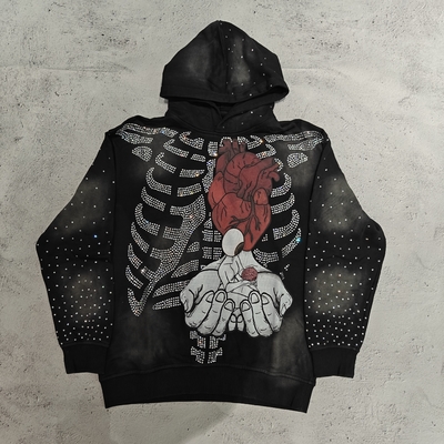 kupować Bluzy z kapturem Niestandardowe Wysokiej Jakości Streetwear Szkielet Czaszki Grafika Bluza z kapturem Vintage Acid Wash Sun Faded Rhinestone Męskie online manufacture