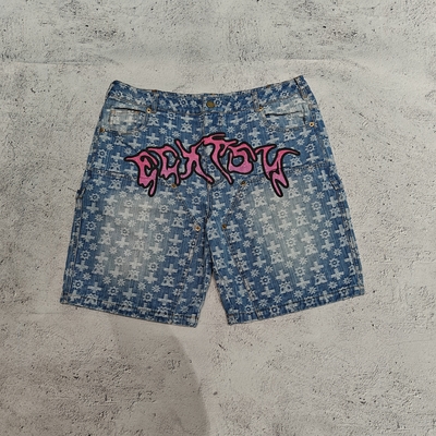 kupować Męskie szorty dżinsowe z żakardowego denimu wysokiej jakości, luksusowe, w stylu vintage, prane, z podwójnymi kolanami, z ciężkiej bawełny, luźne online manufacture