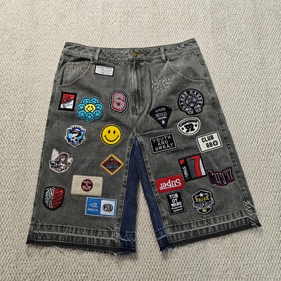kupować Niestandardowe naszywki z haftem Logo Baggy Jorts Streetwear Wysokiej jakości surowe obszycie Vintage Denim Jeansowe szorty dla mężczyzn online manufacture