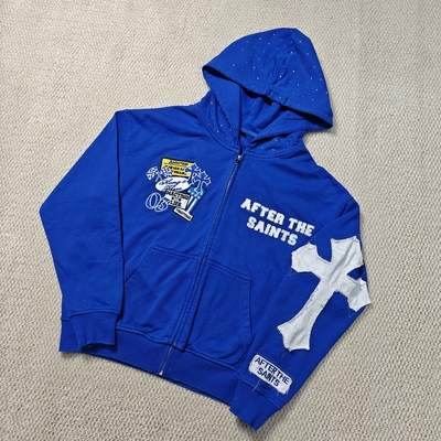 kupować Custom Streetwear Men Heavyweight 420 gsm Distressed Embroidery Cotton French Terry Rhinestone Hood Zip Up Hoodie online manufacture