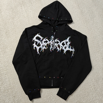 kupować Custom Distressed Embroidery Boxy Cropped Zipper Streetwear 400 gsm 600gsm Men Zip up Heavyweight Rhinestone Hoodie online manufacture