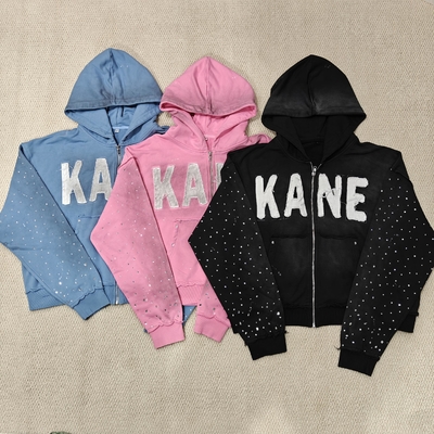 kupować Custom 2025 New Dirty Washed Mens hoodies Y2k Streetwear Vintage Distressed Applique Embroidery Rhinestone Zip up Hoodie online manufacture