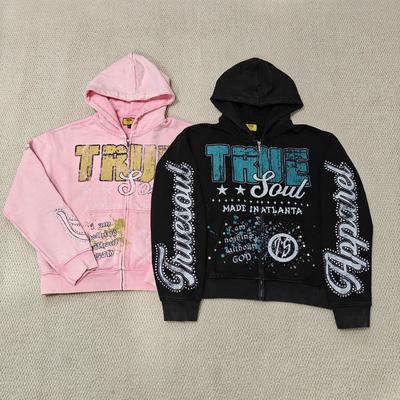 kupować Custom DTG Screen Printing Boxy Heavyweight Zipper Jackets Cotton Distressed Rhinestone Zip up Men Hoodie online manufacture