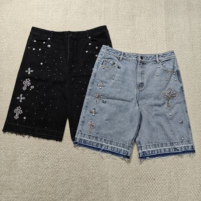kupować Clothing Manufacturers Custom Streetwear Rhinestone Vintage Black Jeans Shorts Rhinestone Denim Shorts Jorts for Men online manufacture
