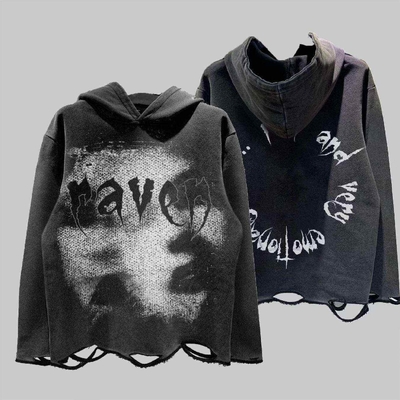 bawełniana kapelusza Dtg Print Kapelusza francuska Terry Pullover rozdarty Cut Raw Hem Kapelusza