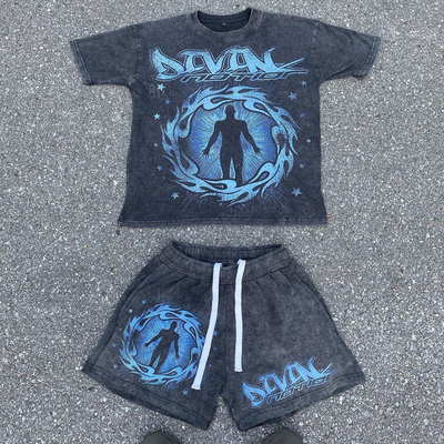 Styl uliczny Vintage Two Piece Joggers Tshirt Stone Acid Wash Set dla mężczyzn