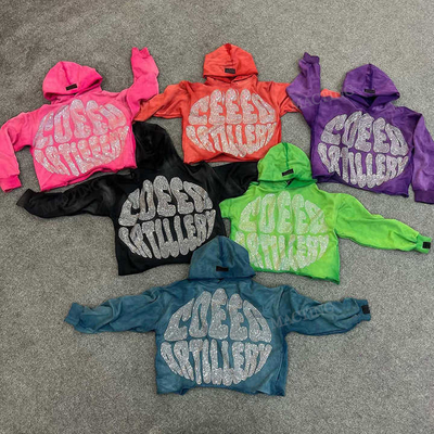 Mężczyzna Vintage Zmywany kwasem Zamknięty w górę Raw Hem Rhinestone Odrąbany Hoodie Dostosowywalny