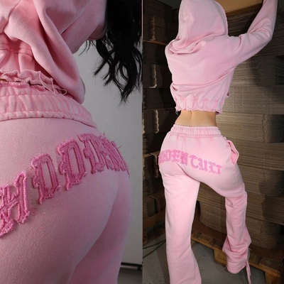 Oczyszczanie kwasem zamykanie z kapeluszem garnitur chłopcy brązowy Kobiety Street Wear Patch Embroidery Umyty jogger