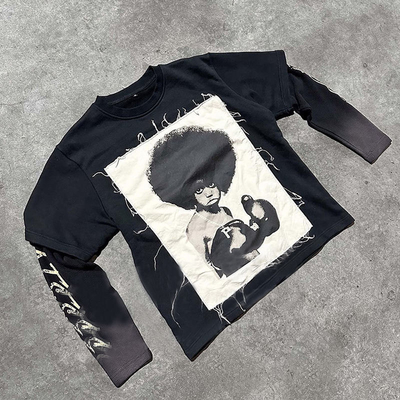 Niestandardowa nadmiarowa skrzynka Y2K Graficzna zniszczona patchwork broderia T-shirt dla mężczyzn
