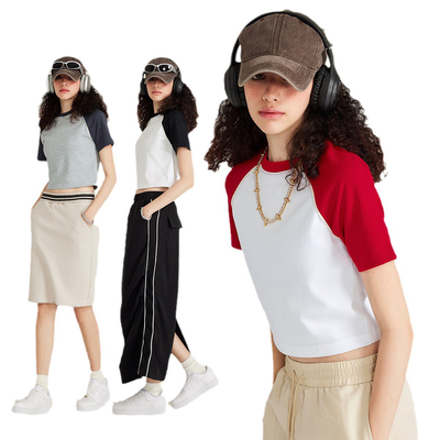 Vintage Kontrast Raglan Baseball Sleeve T-shirt dla amerykańskiej Streetwear Hot Women's Style