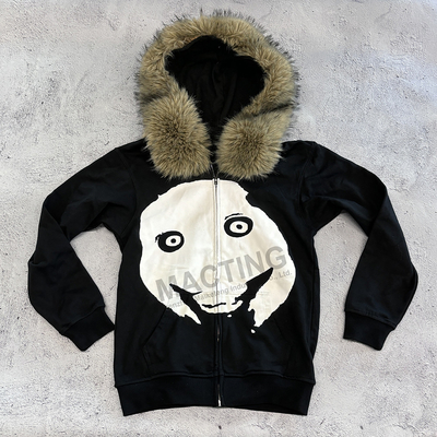 Niestandardowa zimna gruba farta fałszywa z kapeluszem Zip Up Hoodie w stylu zakrojonej kurtki z zamkiem dla mężczyzn