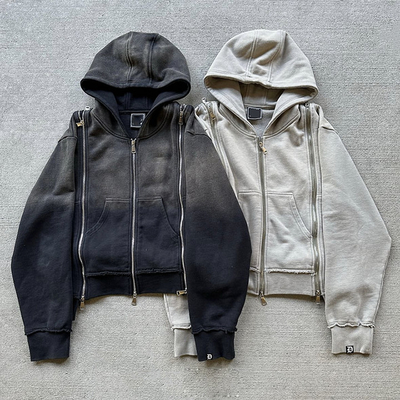 Niestandardowy patch Triple Zip Up Heavy Weight French Terry Fading Acid Wash Hoodie
