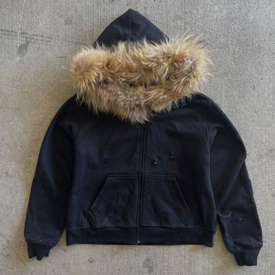 Niestandardowa zimna francuska Terry Hoodie z pelerynką Vintage Organic Cotton Men's Zip Up Faux Fur Hoodie