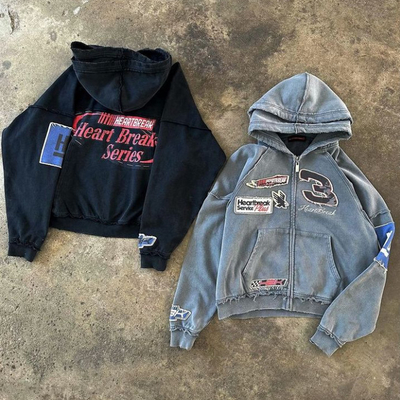 Niestandardowa odwracalna kapeluszka z sztuką Applique Distressed Embroidery Stone Wash Oversized Double Hooded Zip Up Hoodie