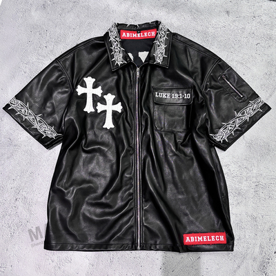 Stosowana hip hop męska patch haftowania T-shirt męski Zip Up Box Fit krótkich rękawów Pu skórzane T-shirt