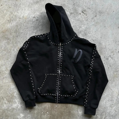 Styl Streetwear Boxy Fit French Terry 100% Cotton Zip Up Rivet Studded Rhinestone Men Hoodies