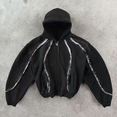 Streetwear Hoodie Custom Vintage Fringed Strip 100% Cotton Distressed Zipper Heavyweight Boxy Fit Ograniczone Hoodies