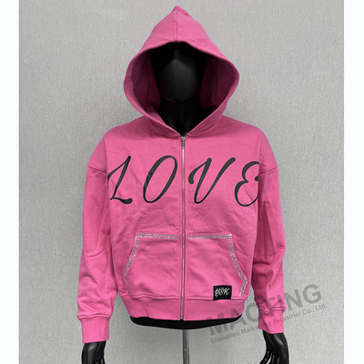 Styl Y2K Streetwear 100% Bawełna Ciężkie Hoodies nadmiarowe Jedwabny Screen Printing Strass Boxy Zip Up Hoodie