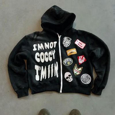 Zęby na zamówienie Ciężki bawełniany Terry Hoodie z Box Fit i Distressed Patch Embroidery sezonowe niezbędne
