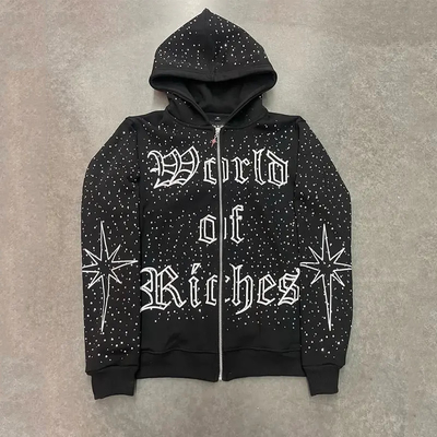 Wysokiej jakości haftowane zip-hoodie ciężkoważne bawełniane francuskie Terry oversized hoodies Custom Zipper Rhinestone zip-up hoodie